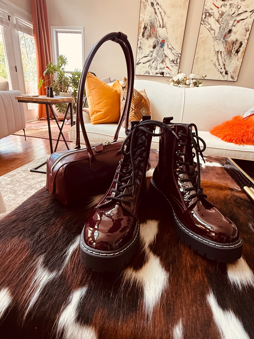 Sincerely Jules Wine Patent Combat Boots - 9.5 New